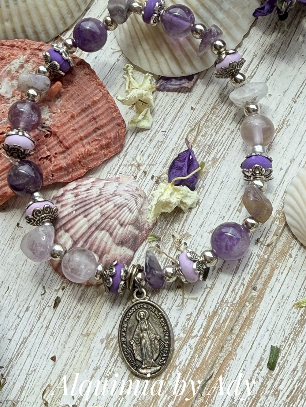 Purple  AMETHYST  + beaded Bracelet Cross Charm